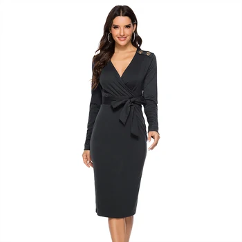 

Bikitique Knitted Tight Wrap Hip Sexy Dress Deep V-Neck Long Sleeve Belt Button Commuter Dress Women Solid Retro Winter Dress