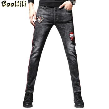 

2020 AUTUMN Winter Men's Skinny Ripped Embroidered Stretch Jeans Trendy Holes Straight Denim Trouers