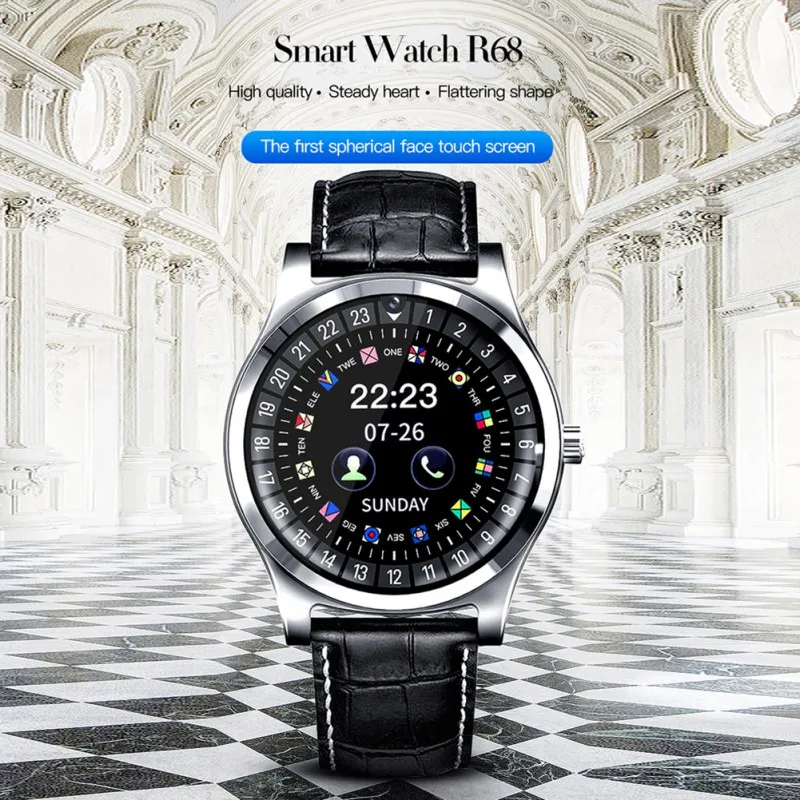 R68 Bluetooth Смарт-часы телефон 1,22 дюймов ips круговой сенсорный экран кожаный ремешок Роскошные Bluetooth Smartwatch поддержка sim-карты