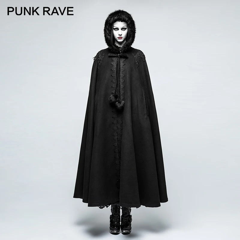 

PUNK RAVE Women Gothic Hooded Cloak Cape Halloween perform Costumes Witch Cloak Steampunk Women Windproof Woolen Cloak