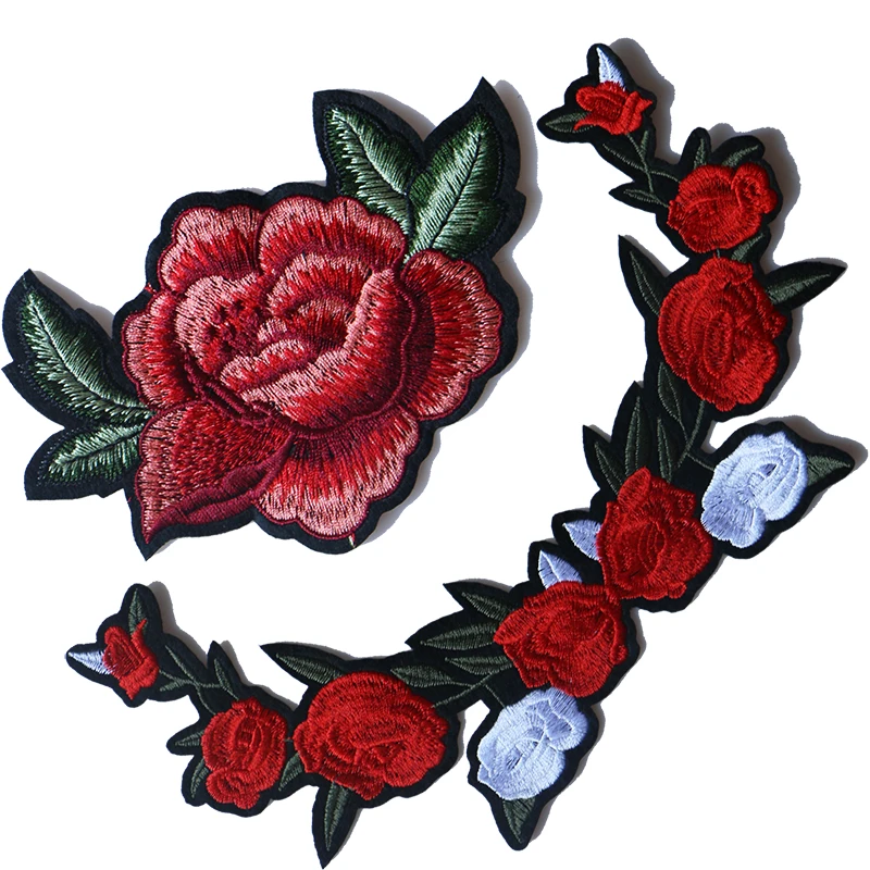 

Rose Belt Rose with leaves Embroidered Iron on Patches for Clothing DIY Stripes Clothes Patchwork Sticker Custom Flowers Badges