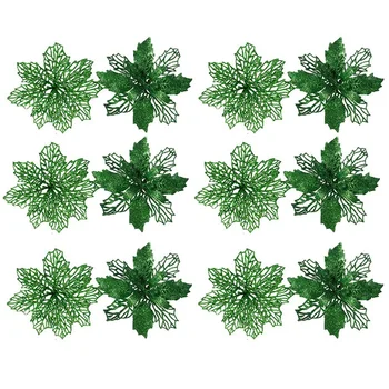 

Christmas Glitter Poinsettia Flowers 2 Styles of Artificial Flower for Christmas Tree Decoration Green(12Pcs)