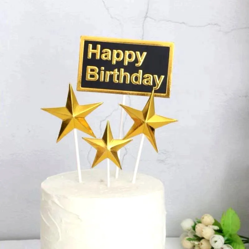 Cake Decoration Phnom Penh Bronze Plug-in Happy Inserts Gold Five-pointed Star Peach Heart Decorative Flag Dessert Table Party B