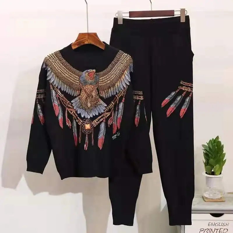 

Autumn New 2 Piece Set Women Eagle Embroidery Knitted Sweaters Winter Clothes Two Piece Set Tops Pants Casual Ladies Tracksuits