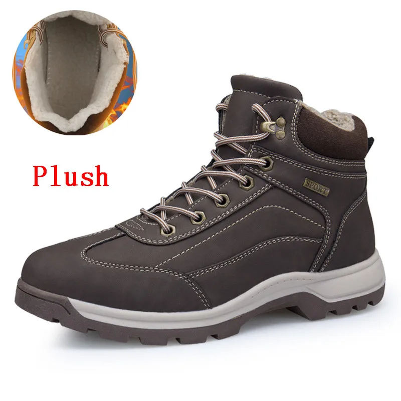 dark brown Plush Мужские ботинки размер 39-47, дизайнерская мужская обувь зимние ботинки водонепроницаемые мужские зимние ботинки мужские ботильоны на шнуровке теплая зимняя обувь для мужчин - Цвет: dark brown Plush