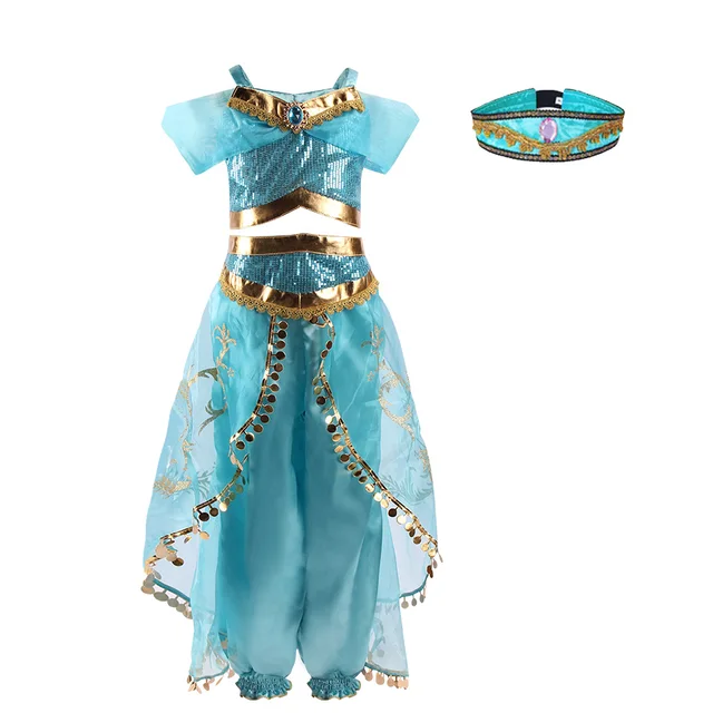 Girls Jasmine Dress Arabian Princess Costume Kids Birthday Party Christmas Fancy Dress Baby Jasmine Cosplay Costume 3-10 Years Dress and set a