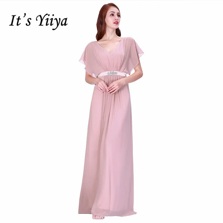 Yiiya/платья подружки невесты с коротким рукавом; цвет на заказ; Vestido Madrinha C461; шифоновое плиссированное платье с v-образным вырезом; demoiseur D Honneur