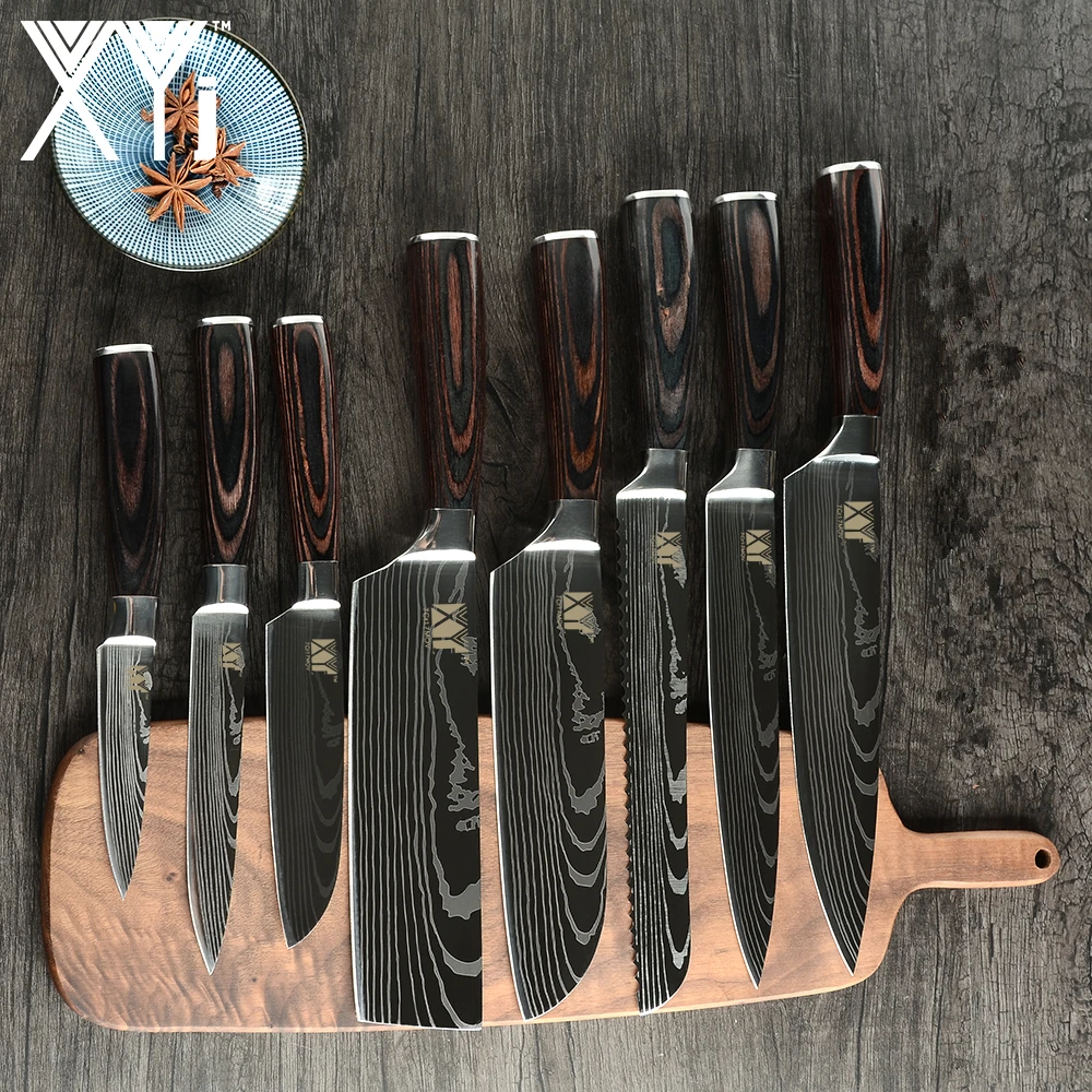 XYj 9 шт. набор ножей из нержавеющей стали с цветной деревянной ручкой дамасский узор лезвие куриные кости инструменты для ножниц поварской нож