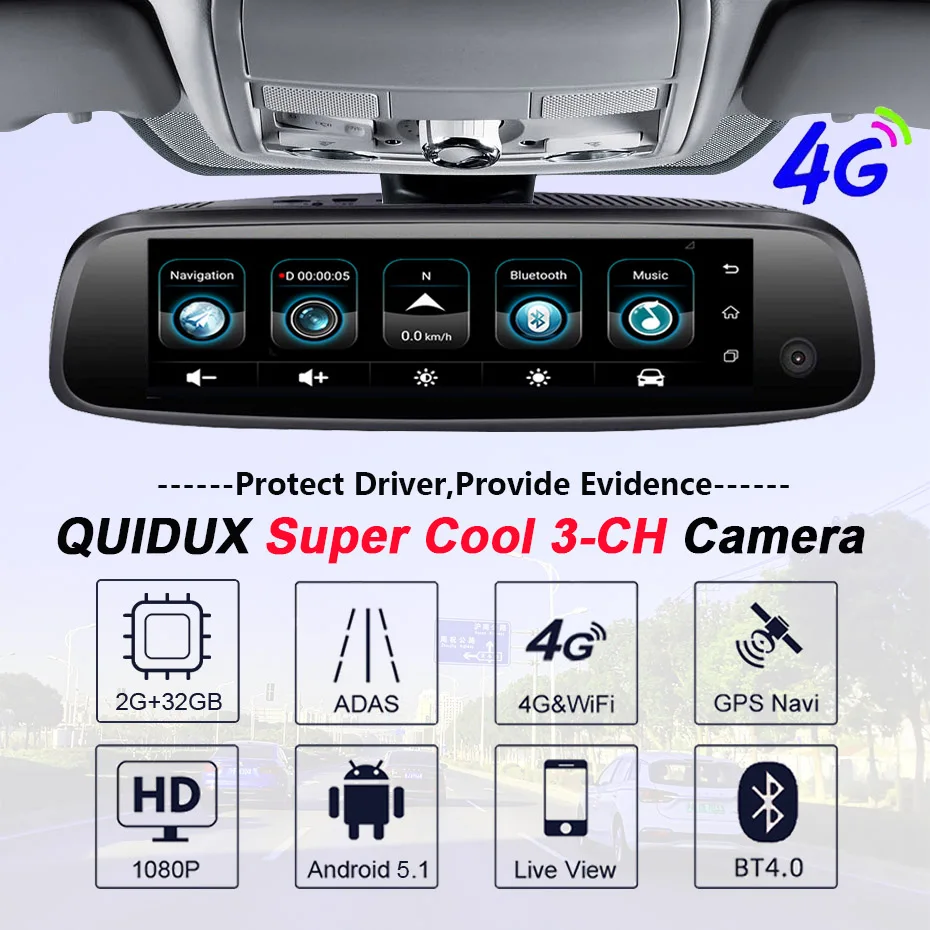  QUIDUX 3 CHS lens car dvr camera RAM 2GB+ROM 32GB Android Rearview Mirror ADAS GPS Navigation DashC