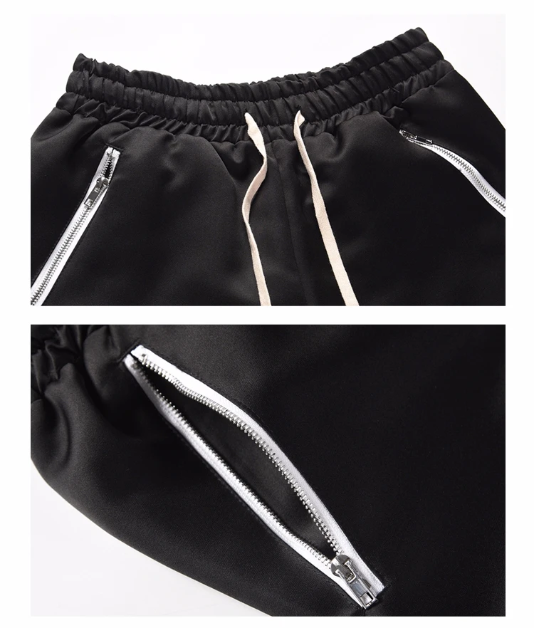 Men Hip Hop Loose Shorts Elastic Waist Shorts Fashion Satin Shorts Zipper Pocket Casual Drewstring Streetwear Sportswear Joggers