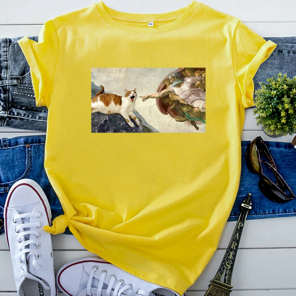 Funny Cute Cat Cartoon Image Printing T-Shirt For Women Harajuku Gothic Woman Tshirt High Quality Punk Style Women Clothing