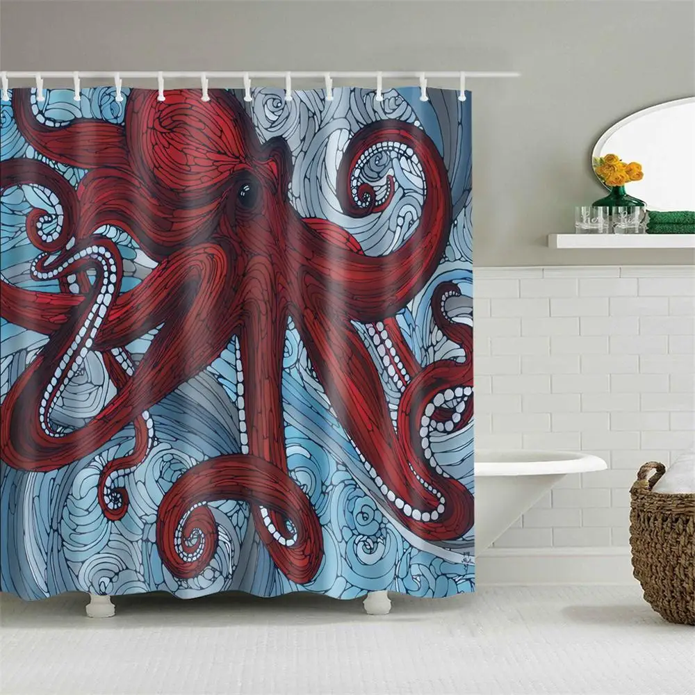 

Dafield Polyester Fabric Custom Red Octopus Oil Painting Bathroom Decor Shower Curtain Octopus