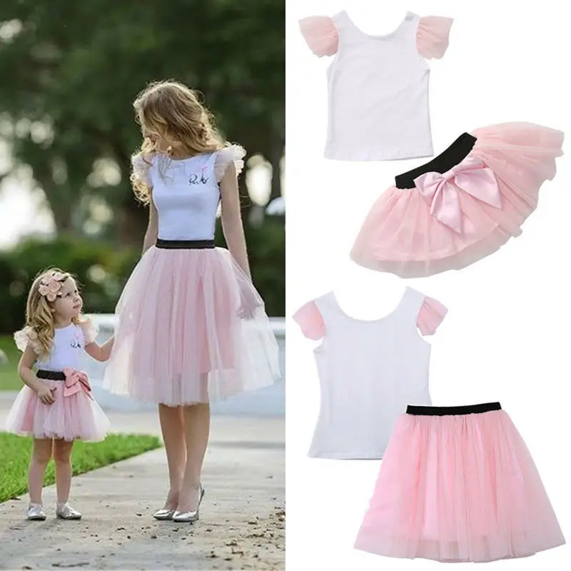 

Mildsown Mother Daughter Casual Summer T-shirt Skirt Tulle Dress Matching Outfits Family Clothes