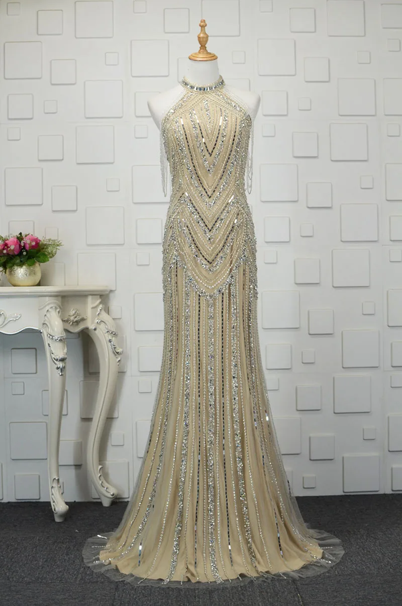 Роскошное платье с бретелькой на шее, украшенное кристаллами и бисером, Vestidos De Festa, с открытыми плечами, Русалка, строгое длинное вечернее платье - Цвет: Same as picture1