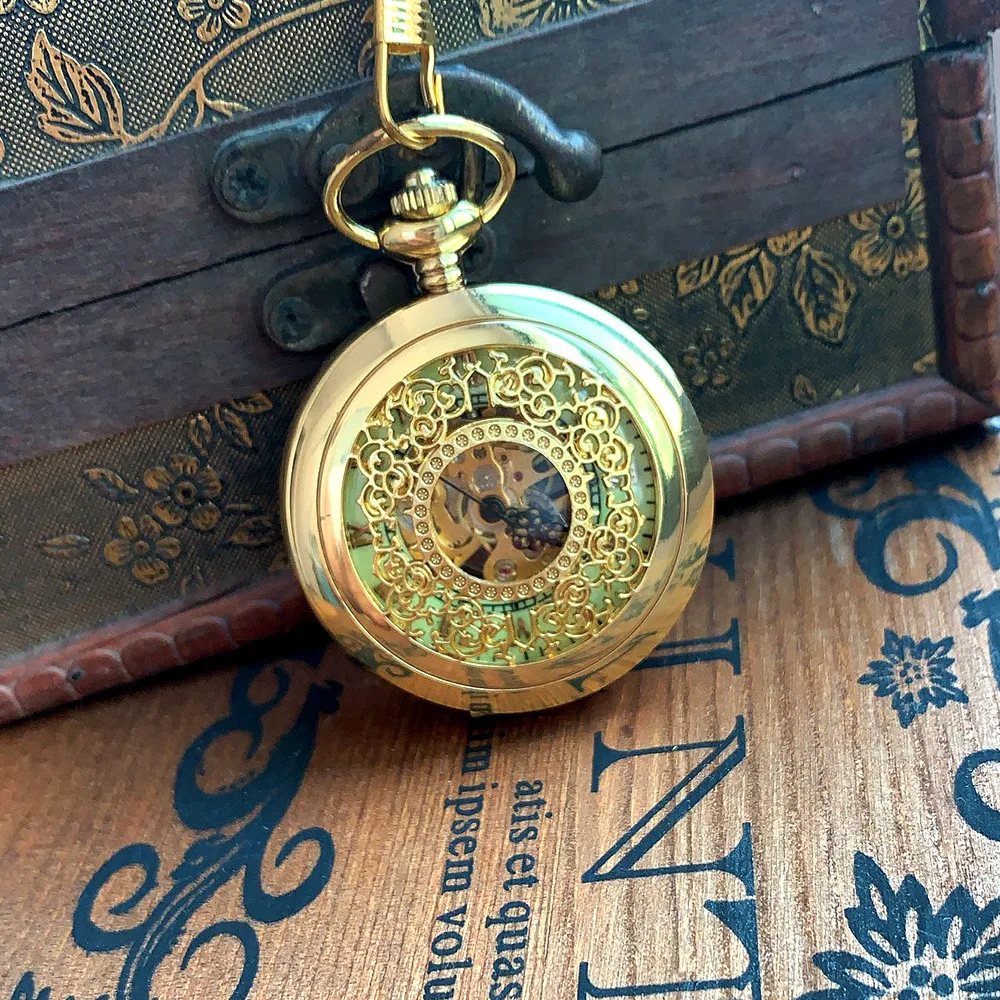 Роскошный подарок Механические карманные часы Золотые толстые цепи плотный цветок полые рыцарь света карманные часы древний Римский