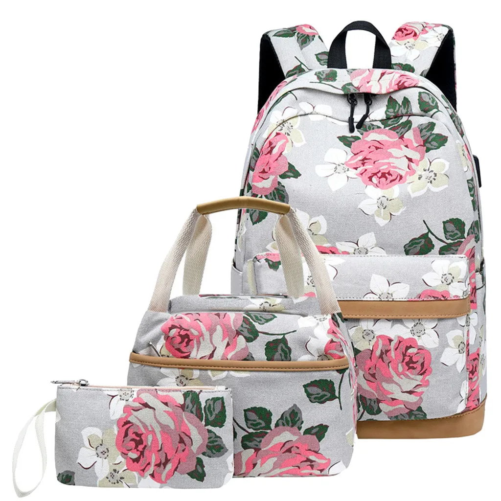 

3 Piece Set Girls Floral School Backpack Cute Daypack Bookbag Lunch Bag Purse Cool Contrast Color Leisure Travel Rucksacks