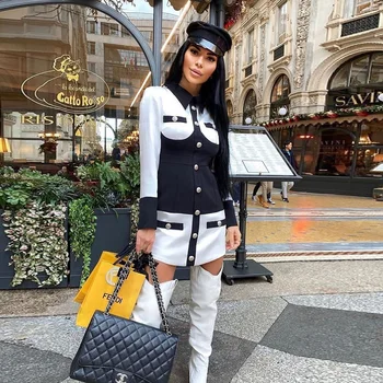 

Fashion Button White Black Long Sleeve Dress 2020 Latest Women Celebrity High Street Pocket Straight Autumn Party Mini Dresses
