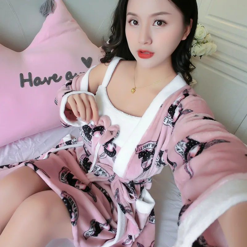 2PCS Sleep Set Lady Robe Suit Bathrobe Cute Winter Soft Nightwear Thick Bow Sleepwear Nightgown Flannel Home Clothing Nightdress