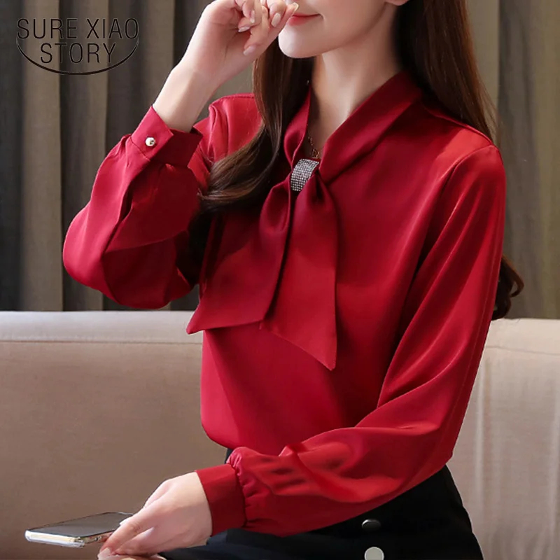 

Spring Elegant Fashion Long Sleeve Chiffon Women Shirts Bow Loose White Solid Women Blouses and Tops Red Bottom Shirts 8189 50