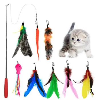 

9Pcs set Pet Cat Toy Telescopic Cat Stick Teaser Wand Interactive Toys Playing Rod with Feather Replacement Heads Set