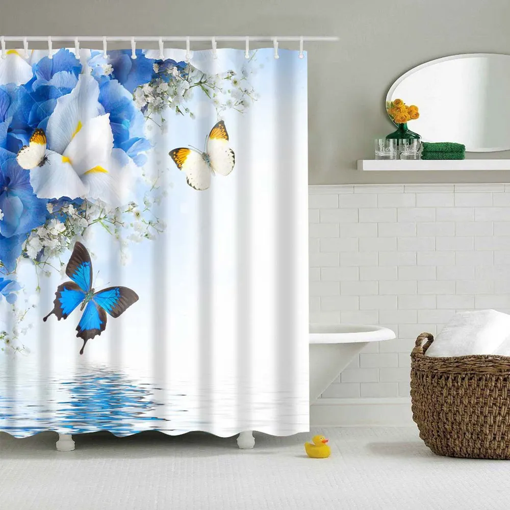 

Butterfly Flower Shower Curtain for Bathroom Fabric Waterproof Bath Shower Curtain for Home Decoration 180x180 Blue White