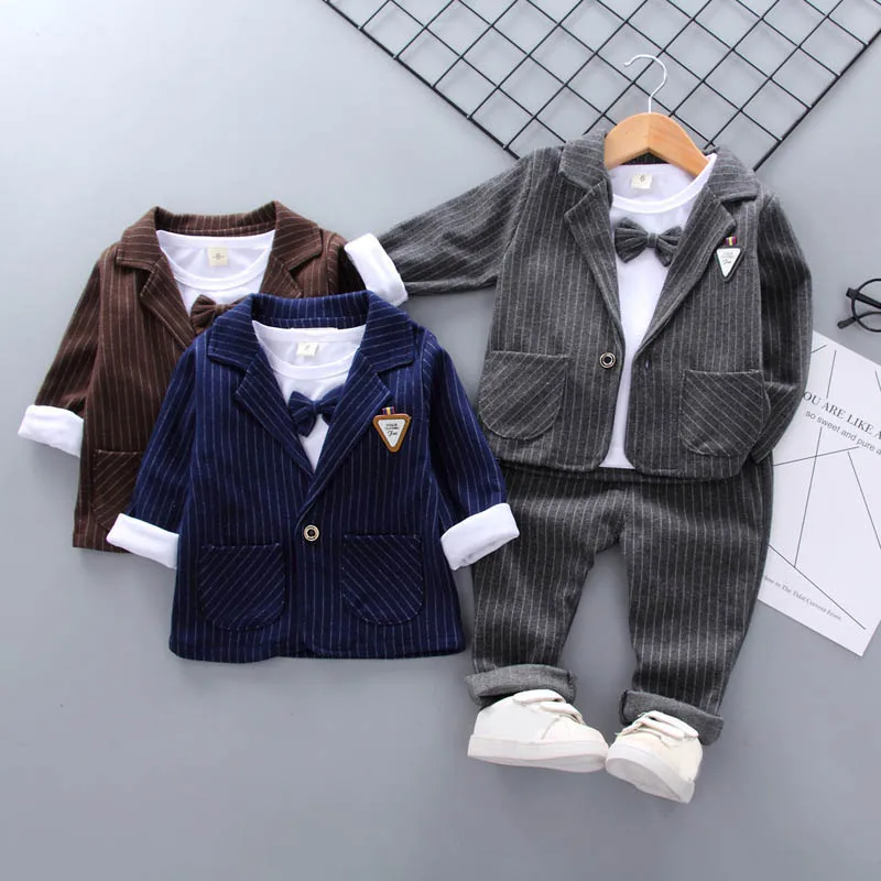 Осенняя От 1 до 5 лет Одежда для маленьких мальчиков Мягкая хлопковая рубашка джентльмена с длинными рукавами Топы+ Полосатые пальто+ длинные штаны, брюки одежда для малышей