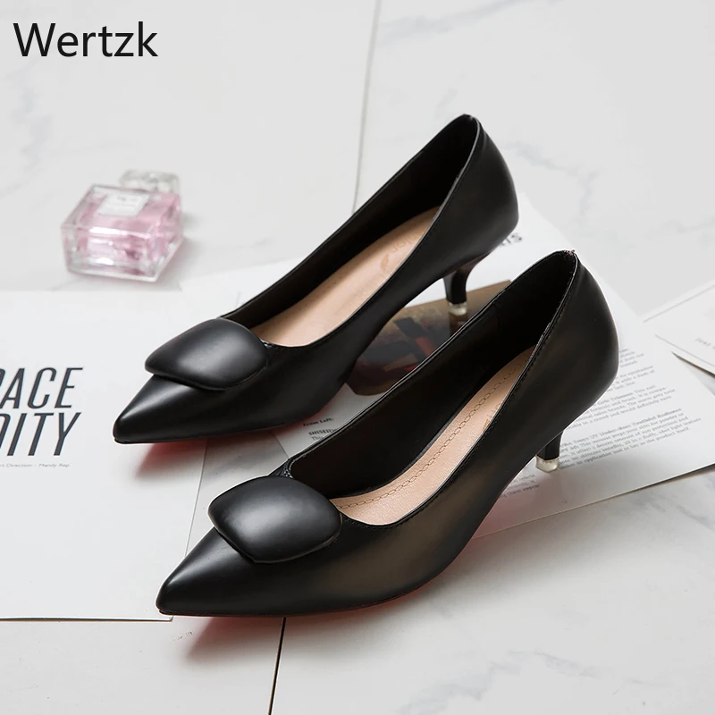 

Pointed Thin Heel High Heels Womens Shallow Mouth Square Buckle Low Heel Single Shoes Charm Commuter Work Shoes Black Pumps A827