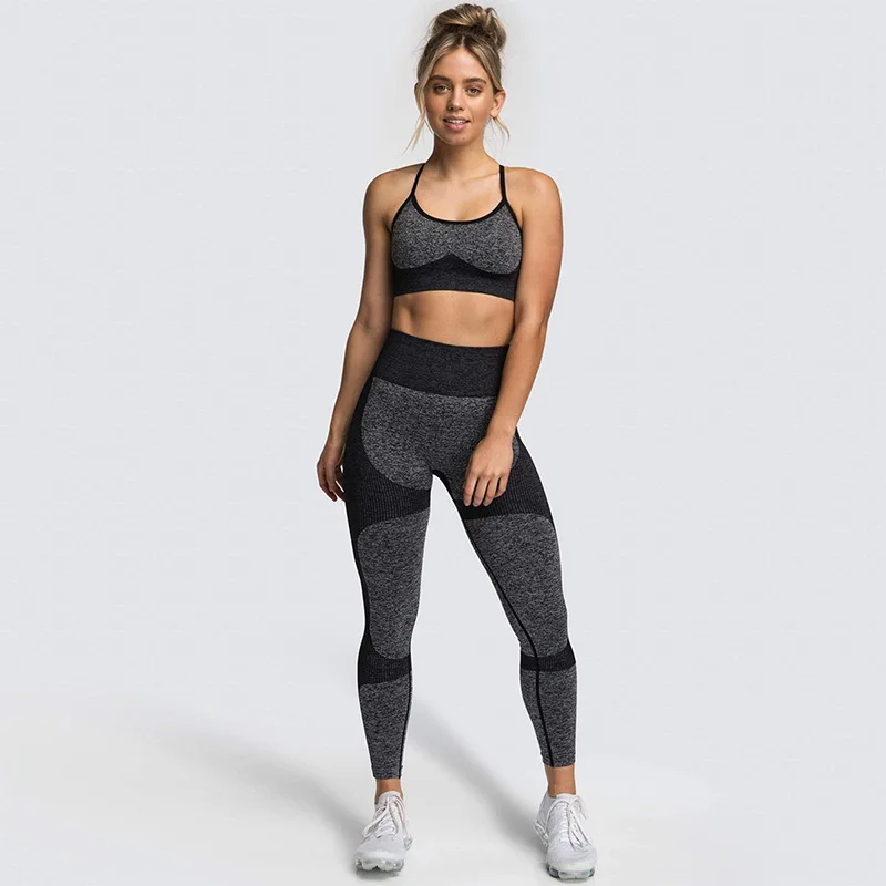 Novas roupas de treino elásticas Atheltic caneladas e quentes para mulher,  leggings de 2 peças com conjunto de fatos sem costuras fatos de Pilates de  sutiã de ioga de cintura subida e