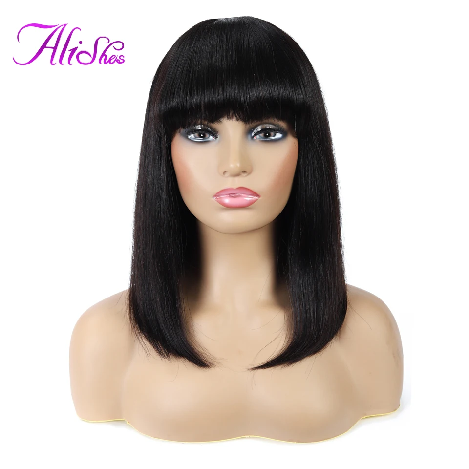 New Bob Wig Bang-Wigs Human-Hair Black Full-Machine Straight Women Brazilian Alishes  Lnwy3d0jKBz