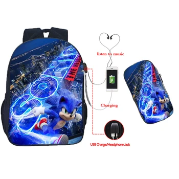 

Students Sonic USB Charge Backpack 2pcs Set Boys Girls School Bags Teens Bookbags Child Back to School Gift(Rucksack pen Bag)