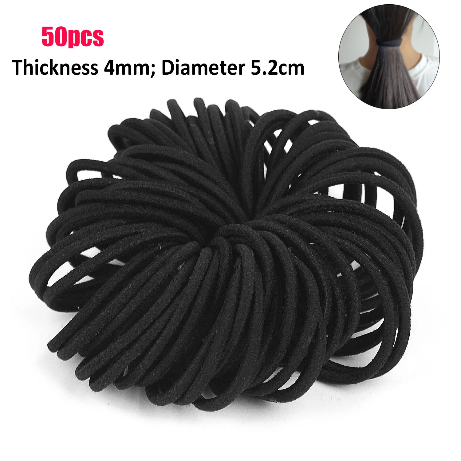 50pcs Black Hairbands for Thick & Less Hair  Elastic Rubber Bands Ropes Basic Hair Ties Hairband Ponytail Holders 3mm 4mm 6mm Hairclip Hair Accessories