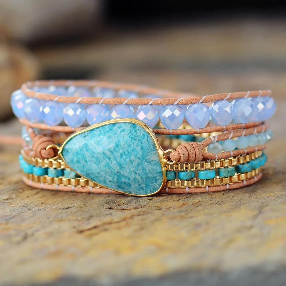 Ethnic Leather Wrap Bracelets W/ Natural Stone Rhinestone Amazonite Beaded Strand Bracelet Teengirls Bohemian Jewelry Dropship