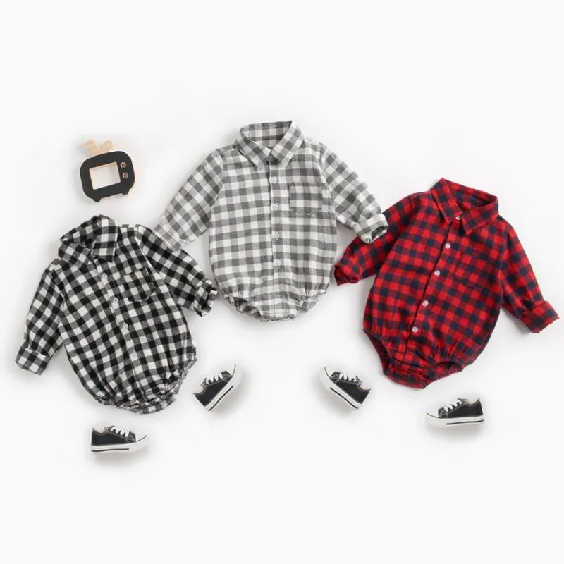 Casual Korean Baby Body Plaid Shirt Bodysuit for Newborns Long Sleeve Bodysuit for Babies Spring Autumn New Cute Baby Bodysuit