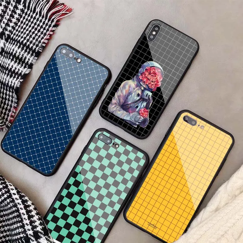 Клетчатый DIY чехол из закаленного стекла для iPhone 11 12 Pro XR X XS MAX 8 7 6 5 Plus задняя крышка