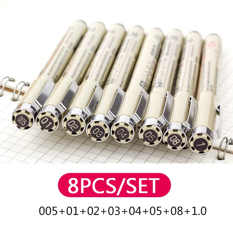 Black 8pcs Набор маркеров Pigma цветная Микрон ручка кисть для рисования 005 01 02 03 04 05 08 1,0 2,0 3,0 кисть художественный маркер - Цвет: Black 8pcs