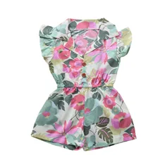 Детский комбинезон для маленьких девочек с принтом подсолнуха; комбинезон с оборками; летний костюм для подвижных игр с короткими рукавами и v-образным вырезом;