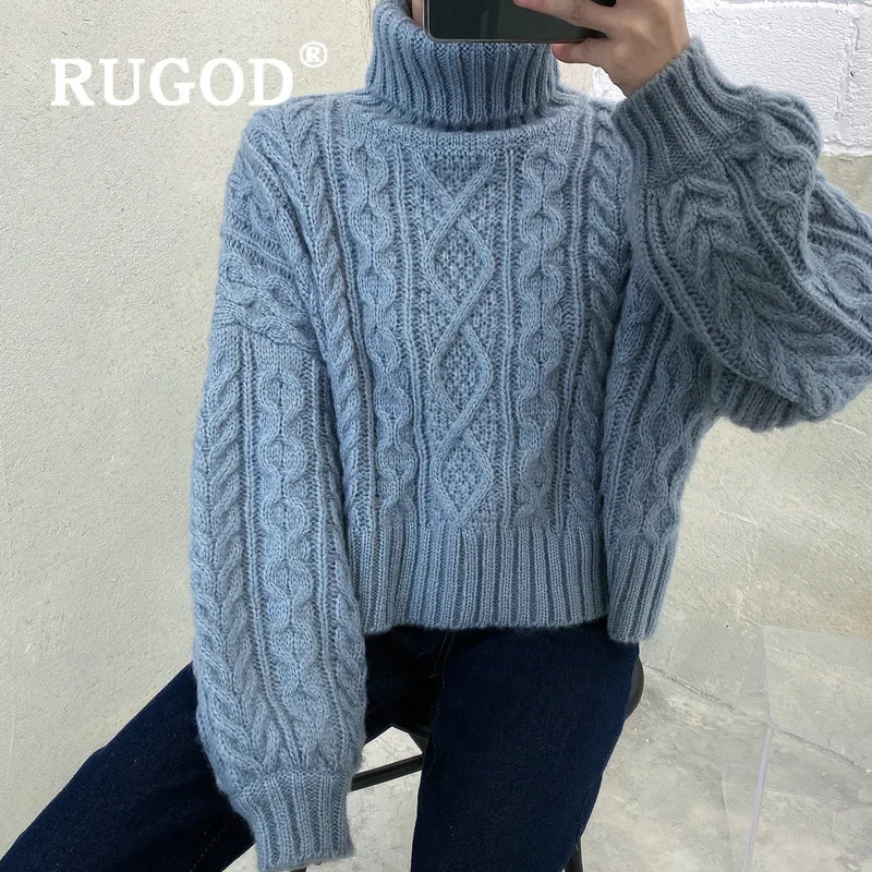 RUGOD вязаный свитер с высоким воротом, пуловер с крученым узором, однотонный джемпер, зимние топы для женщин, вязаная одежда, Свободный корейский стиль, модная одежда