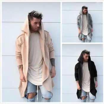 

Men's Mid-length Solid Color Long-sleeved Hooded Cardigan Jacket Mens Fashion Streetwear Hip Hop Hat