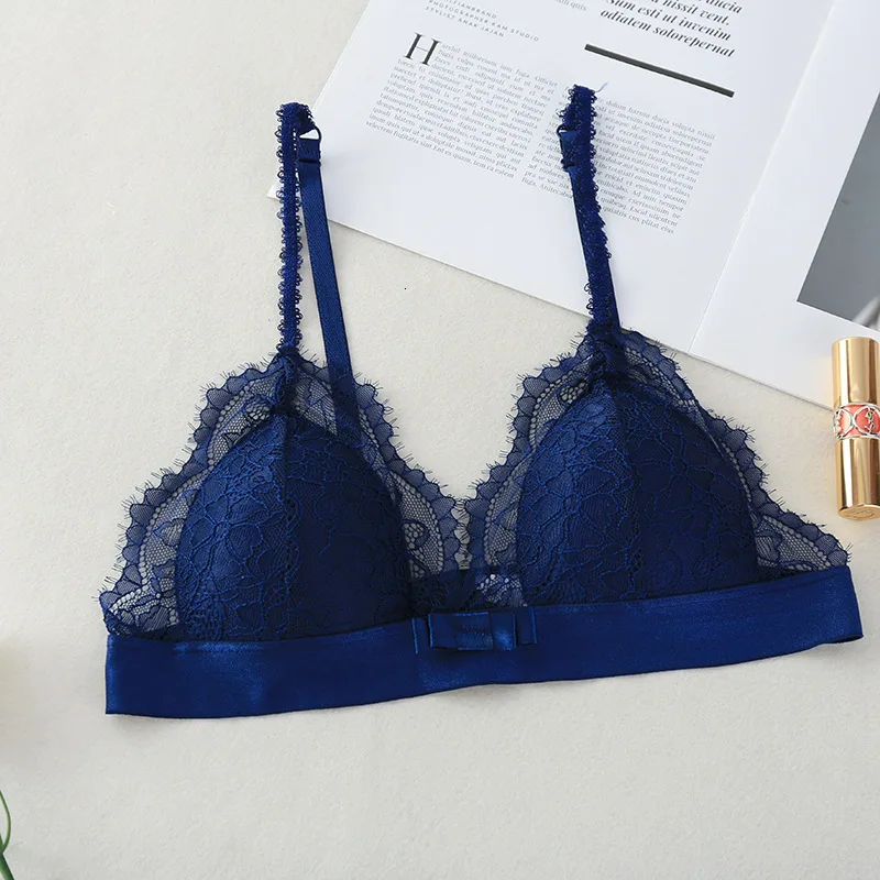 French Style Bralette Seamless Deep V Lace Girl Women Bra Wireless Thin Underwear Sexy Lingerie Soft Bras Women Cup brassiere - Цвет: blue
