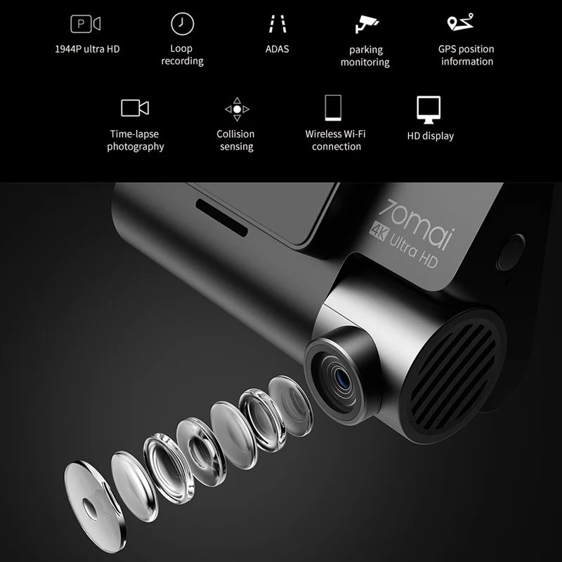 70mai Dash Cam 4K A800 Встроенный GPS ADAS камера UHD кинотеатр качество изображения двойная