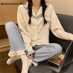 Spring Autumn Long Sleeve Pajamas Women Korean Style Kawaii Stitch Frilly Notched Collar Pocket Sleep Tops Pants Two Piece Sets