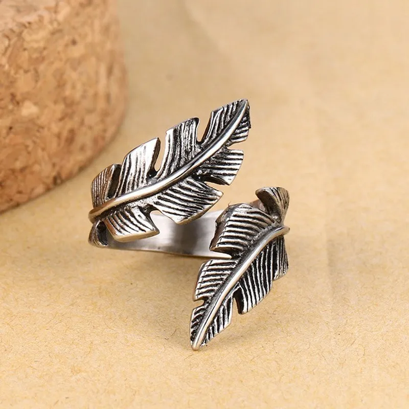OAKKY Unisex Stainless Steel Feather Wrap Ring – Vintage Cubic Zirconia Design