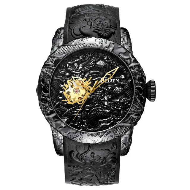 Мужские s часы BIDEN Золотая скульптура дракона автоматические механические часы мужские роскошные силиконовые водонепроницаемые спортивные часы - Цвет: black