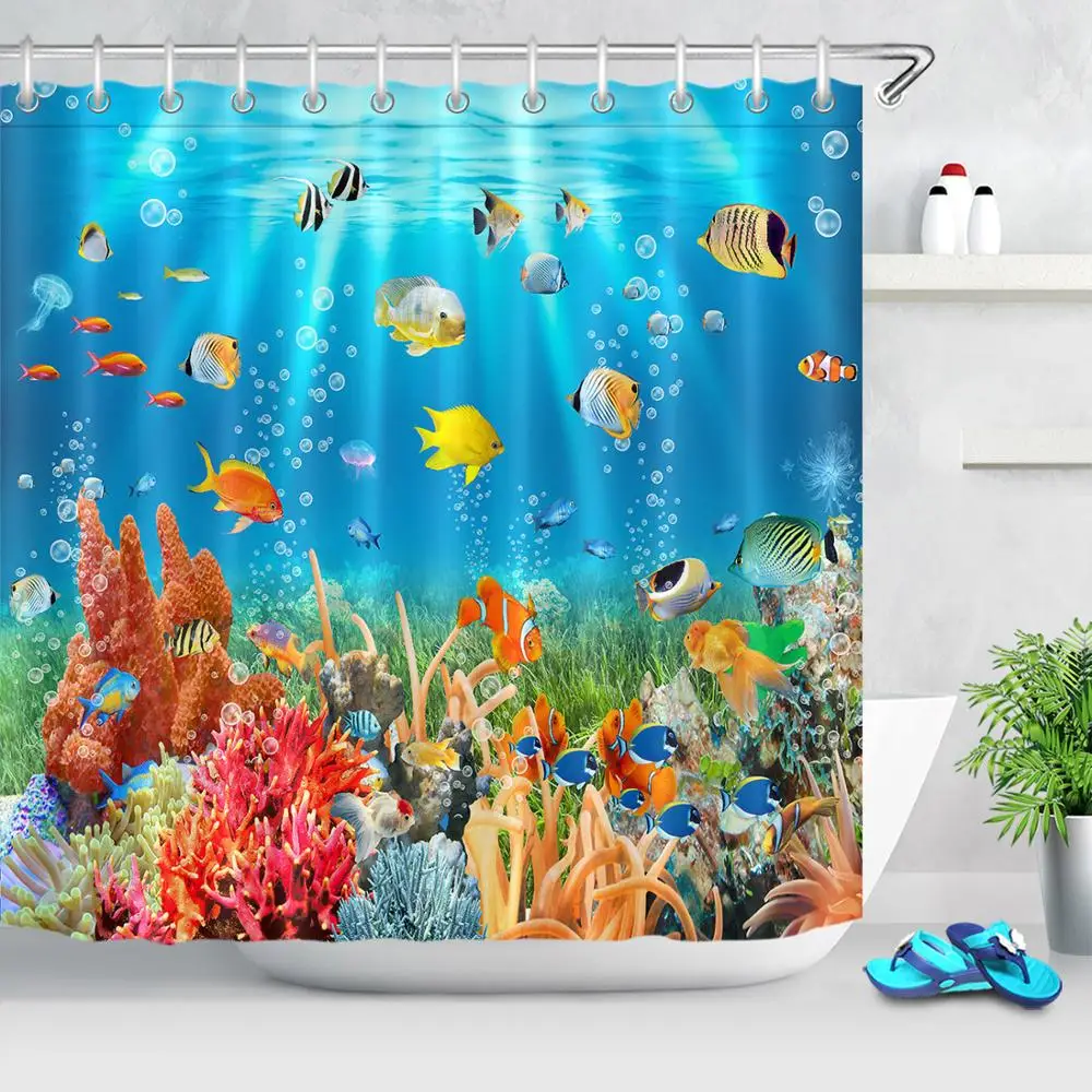 Shower Curtain Bathroom Ocean Theme Tropical Fish  Undersea Waterproof Fabric 