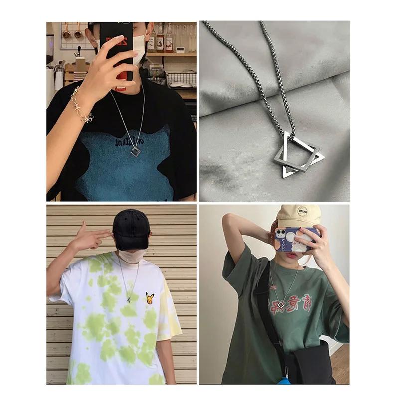 POPULAR INTERLOCKING SQUARE TRIANGLE MALE PENDANT FOR MEN STAINLESS STEEL MODERN TRENDY GEOMETRIC STACKING STREETWEAR NECKLACE