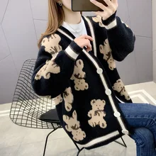 

Cute Bear Knitted Sweater Cardigan Women Mid-length 2021 Loose Korean Style V-neck Knit Jacket Oversized Cardigans Christmas Red