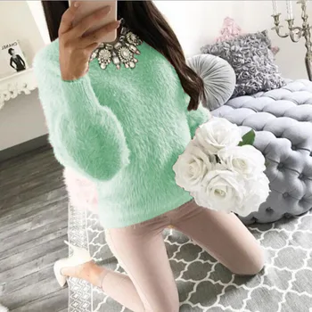 

CINESSD Women Plush Sweater Round Neck Lantern Long Sleeve Pink Casual Loose Tops Pullovers Solid Autumn Winter Knitted Sweaters