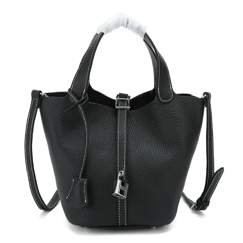 

New First Layer Kraft Basket Bag Leather Lychee Pattern Mother and Child Bag Handbag Single Shoulder Slant Bucket Bag Woman