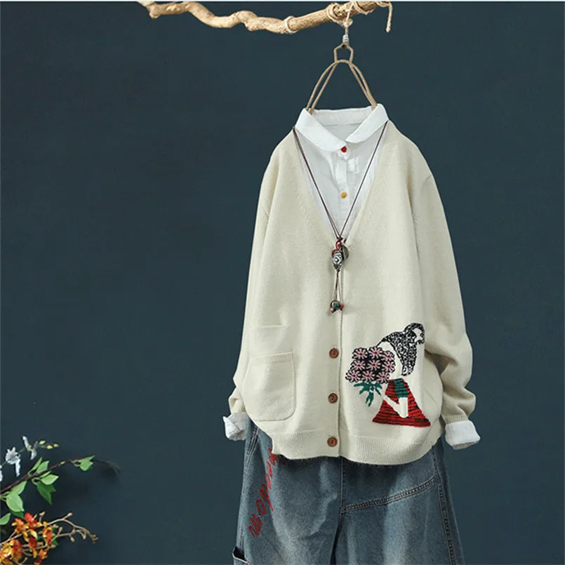LEDEDAZ, модные женские свитера, Осень-зима, повседневный вязаный кардиган с v-образным вырезом, Свободное пальто, однобортное хлопковое пальто-свитер - Цвет: Бежевый