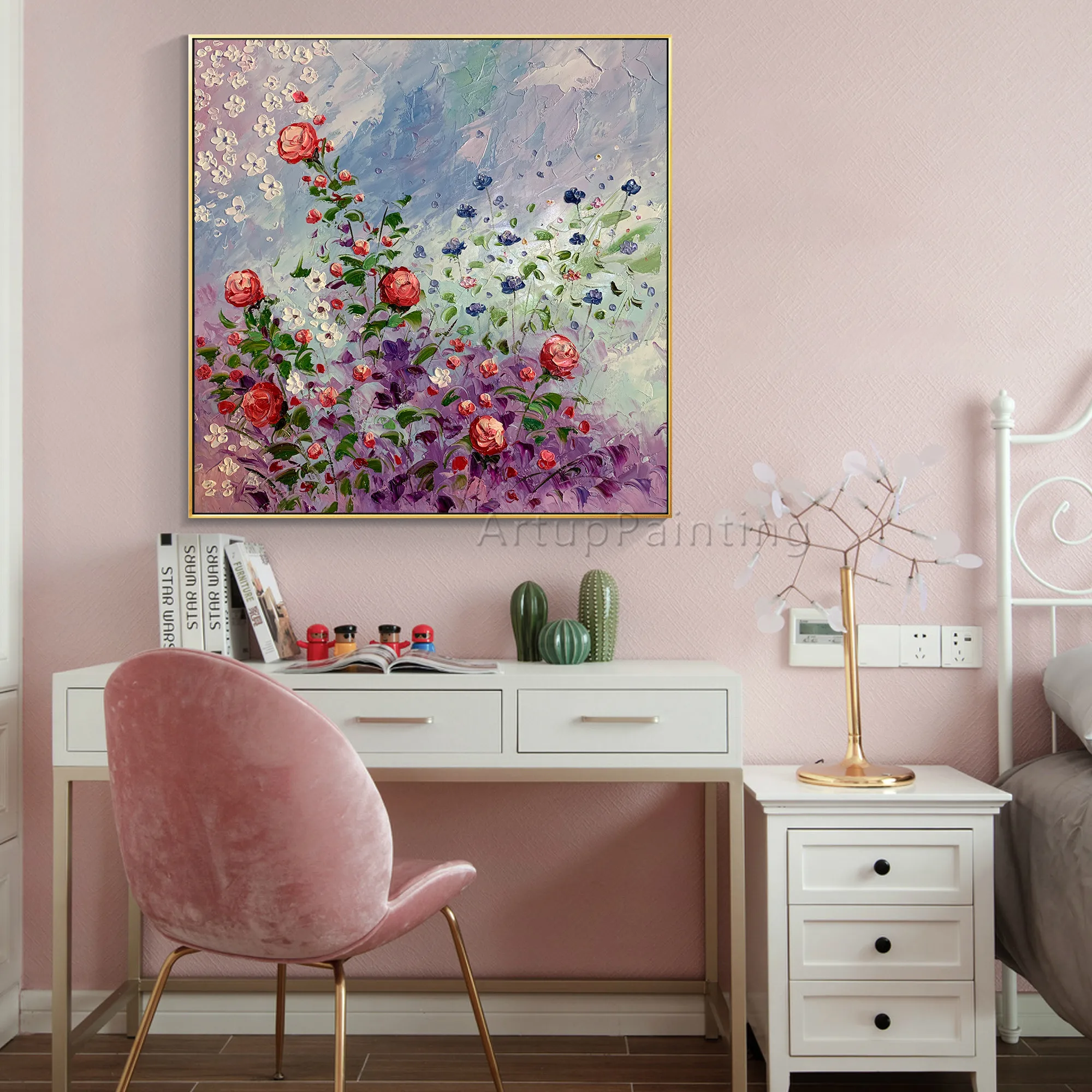 

Modern Abstract Hand painted oil paintings on Canvas red blue colourful flower wall Art Home decoration Picture for living room